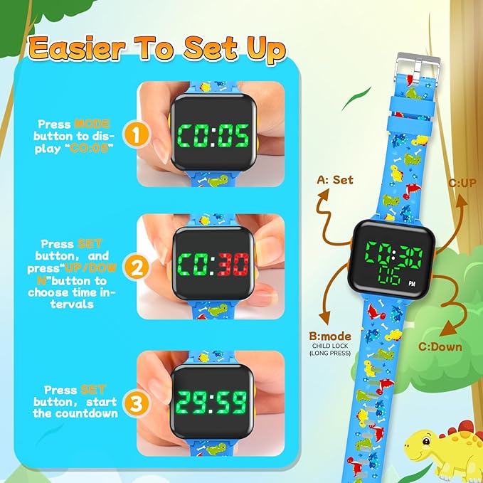 Potty Training Watch & Chart & Book for Toddler Boys: Water Resistant Potty Watches Dinosaur Potty Training Sticker Reward Chart for Kids 3 in 1 Toddler Toilet Training Tools Set (Blue)