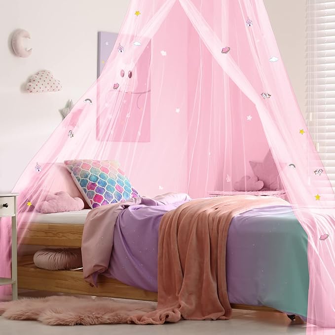 Stars Glow in The Dark Bed Canopy for Girls Unicorn Room Decor - Pink Bed Canopy Crib Mosquito Net Fluorescent Mosquito Net Hanging