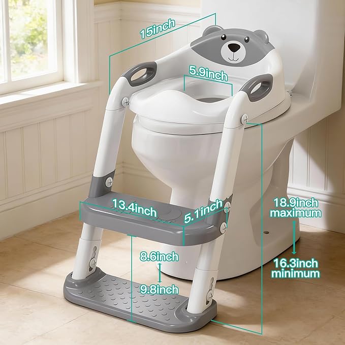 Potty Training Seat with Step Stool Ladder, Toddler Toilet Seat for Boys Girls, Adjustable 6 Heights Fits Round & Elongated Toilets, Anti-Slip Pads & Leak-Proof Guard
