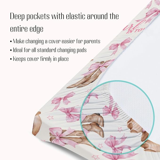 Baby Girls Changing Pad Covers Western New Cowgirl in Town, Pink Bow Ribbon Boot Hat Safe Snug Fitted Diaper Table Sheet, Soft Breathable Stretchy Change Mat Shower Gift Fit 32 34 x 16