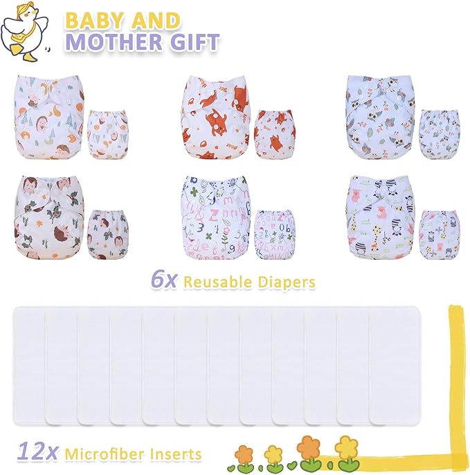 TDIAPERS Cloth Diapers Reusable Washable Pocket Diapers Cover One Size Adjustable for Baby 6 Pack with 12 Inserts