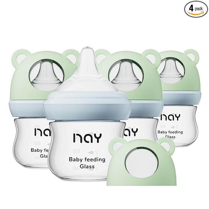 yanyoyo Natural Glass Baby Bottle for Breastfeeding Babies, 3oz Newborn Anti-Colic Baby Bottle with Slow Flow Nipples (SS), Clear, Wide Neck, 4 Pack, 0 Months+