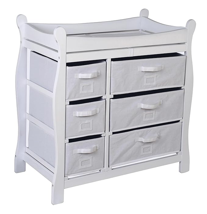 Badger Basket Sleigh Style Baby Changing Table with 6 Storage Drawers and Pad - White