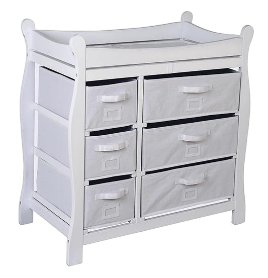 Badger Basket Sleigh Style Baby Changing Table with 6 Storage Drawers and Pad - White