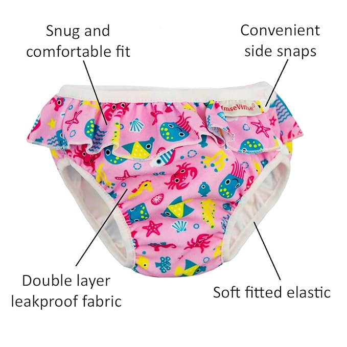 ImseVimse Reusable Swim Diaper for Baby and Toddler Girls with Ruffle and Snaps (Pink Sea Life, NB 9-13 lbs)
