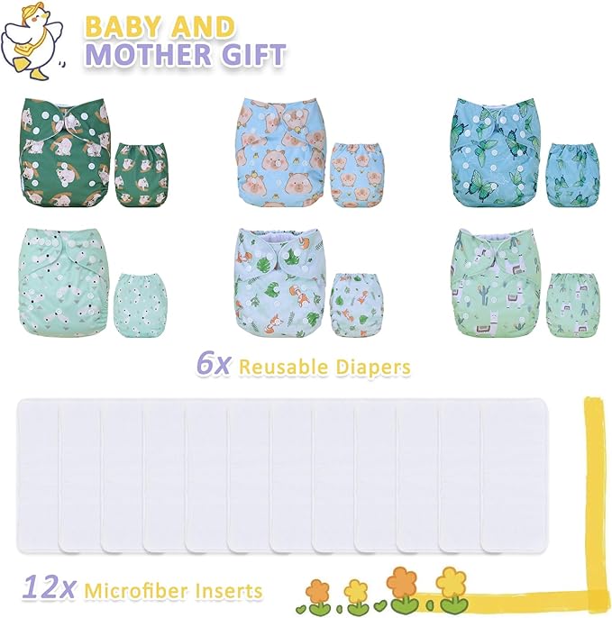 TDIAPERS Cloth Diapers Reusable Washable Pocket Diapers Cover One Size Adjustable for Baby 6 Pack with 12 Inserts
