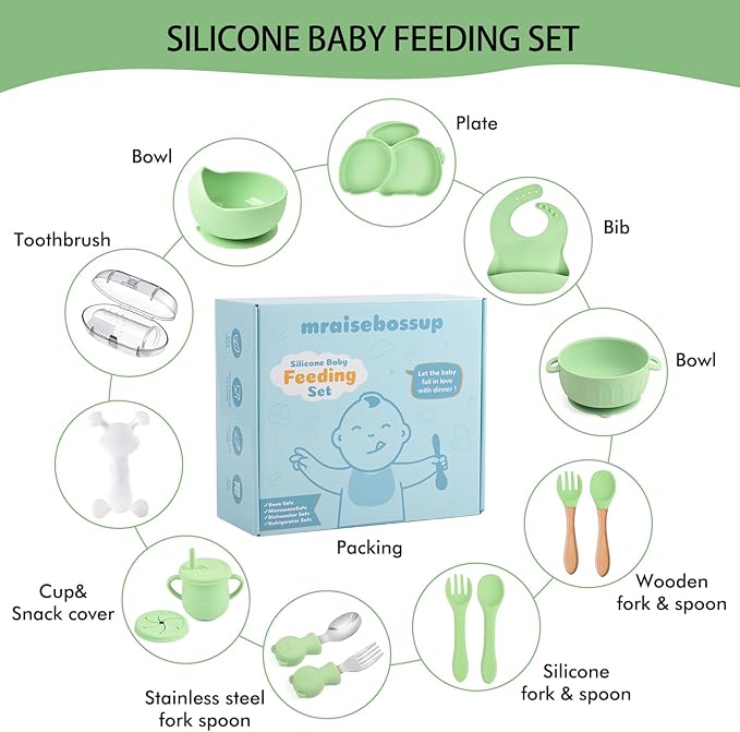 Silicone Baby Feeding Set 15 Pcs，Baby Spoons Suction Bowl Divided Plate Bib Cup Finger Brush Training cups,Baby Led Weaning Supplies（green）