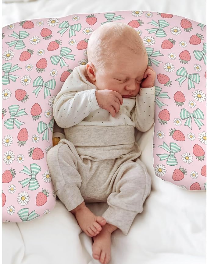 Pink Strawberry Green Bows Daisy Baby Nursing Pillow Covers for Boy Girl Strawberries Bows Nursing Slipcovers for Breastfeeding Pillows Cute Summer Fruit Soft Stretchy Cover for Newborn Infant