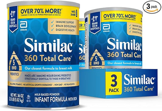 Similac 360 Total Care Infant Formula, Has 5 HMO Prebiotics, Our Closest Prebiotic Blend to Breast Milk, Non-GMO, Baby Formula Powder, 36-oz Value Can, Pack of 3