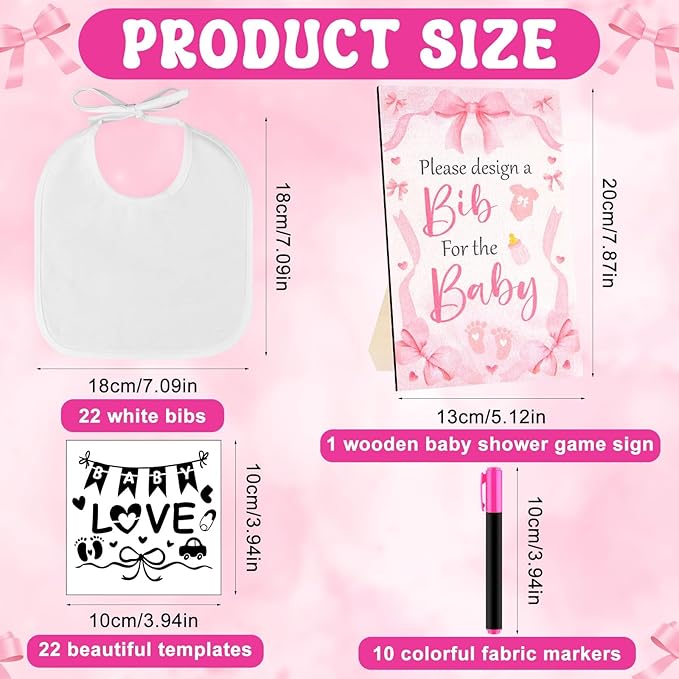 FIONUPI 55 Pcs Baby Bibs Decorating Kit Includes 1 Wooden Pink Bow Baby Shower Game Sign 22 DIY White Bibs 22 Bow Stencils 10 Colorful Markers Supplies for Shower Games