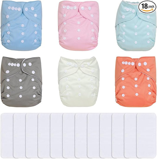 TDIAPERS Cloth Diapers Reusable Washable Pocket Diapers Cover One Size Adjustable for Baby 6 Pack with 12 Inserts