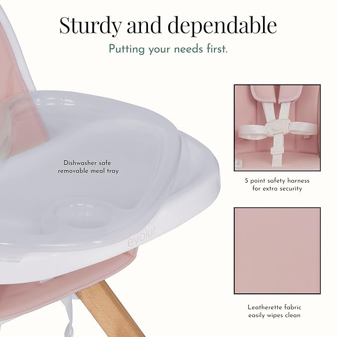 Evolur Zoodle 2-in-1 High Chair for Baby & Toddler – Convertible High Chair to Toddler Chair, Padded Seat, 5-Point Safety Harness, Dual Dishwasher-Safe Trays, Solid Beechwood Legs – Pink