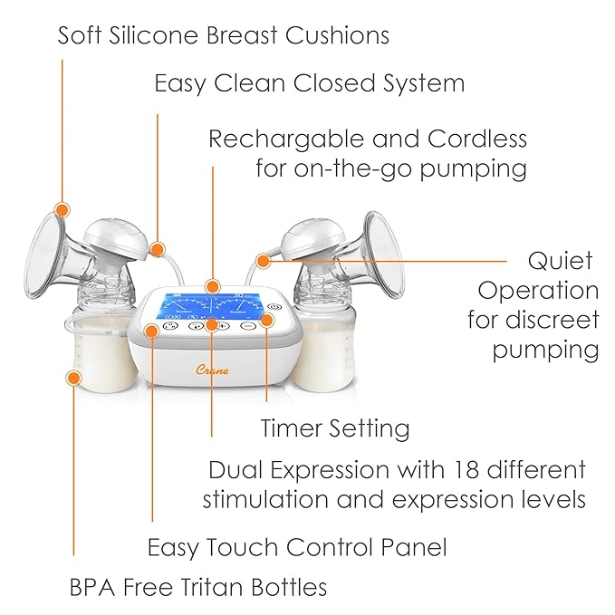 Crane Deluxe Double Electric Cordless Rechargeable Breast Pump, Portable, Closed System, Overflow Protection