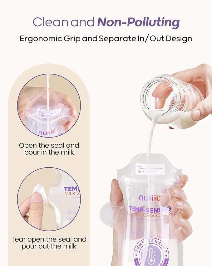 Nuliie 140pcs Temp-Sensing Breastmilk Storage Bag, Huge Temp-Sensing Icon & Locking Clamp, 6oz Breast Milk Storage Bags Freezer Pour Spout, Self Standing Milk Storage Bags Breastmilk, BPA-Free No-Leak
