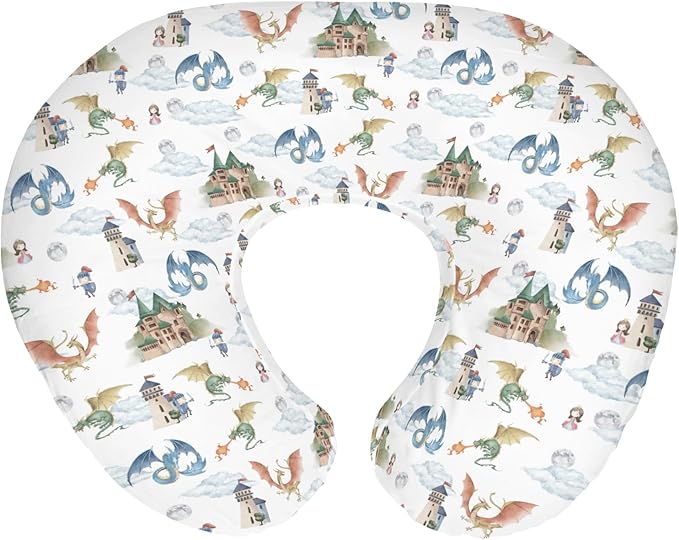 Fairytale Dragon and Knights Baby Nursing Pillow Covers for Boy Girl Fantasy Dragons Princess Castle Nursing Pillowcase for Breastfeeding Pillows Moon Clouds Soft Stretchy Slipcover for Newborn Infant