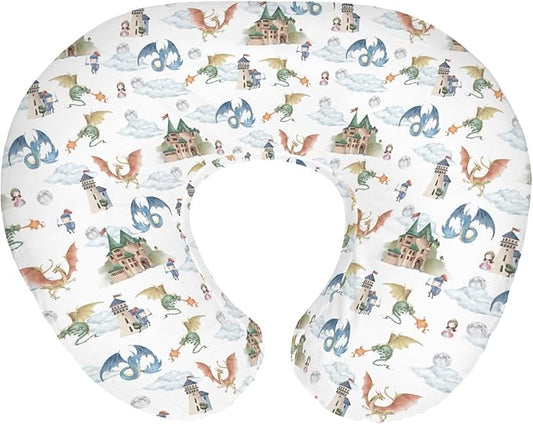 Fairytale Dragon and Knights Baby Nursing Pillow Covers for Boy Girl Fantasy Dragons Princess Castle Nursing Pillowcase for Breastfeeding Pillows Moon Clouds Soft Stretchy Slipcover for Newborn Infant