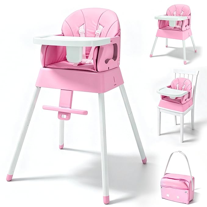5 in 1 Foldable Baby High Chair,Convertible Highchair for Babies and Toddlers-Portable Infant Booster Seat,Carry Small Box,Dining Chair,Toddler High Chair with 5-Point Harness,Removable Tray-Pink
