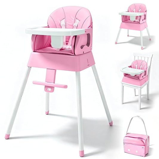 5 in 1 Foldable Baby High Chair,Convertible Highchair for Babies and Toddlers-Portable Infant Booster Seat,Carry Small Box,Dining Chair,Toddler High Chair with 5-Point Harness,Removable Tray-Pink