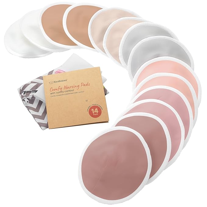 Organic Breast Pads - 14 Viscose Derived from Bamboo Washable Pads + Wash Bag, 3-Layers Breastfeeding Nipple Pad for Maternity, Reusable Nipplecovers for Breast Feeding(Lovelle Lite, M 4.6")