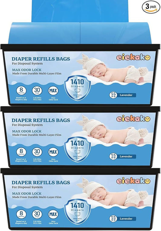 Diaper Refill Bag 7-Layer Odor Control Extra Thick for Genie Easy Roll & Platinum Pail, 3-Pack (90 Bags), Holds Up to 4200 Newborn Diapers