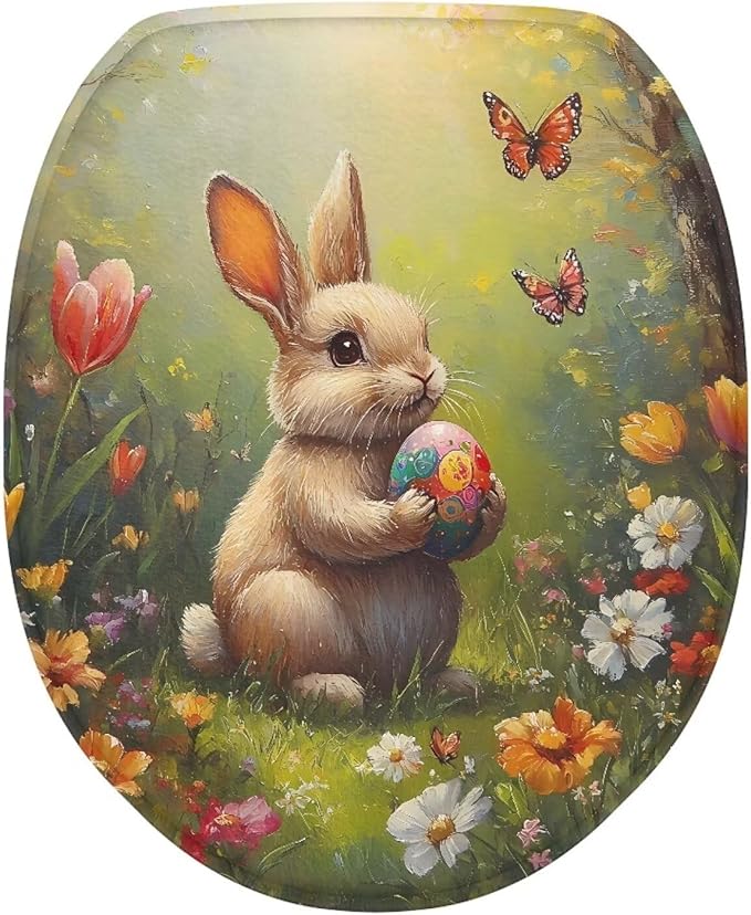 Easter Rabbit Toilet Cover Seat Pad Flannel Fabric Toilet Protector Cover Dustproof Elastic Edges Toilet Seat Cover Universal for Most Toilet Bowl Lids