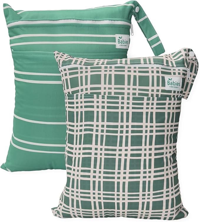 2-Pack Wet Bags – Waterproof Travel Bags for Cloth Diapers, Baby Essentials & Swimwear – Reusable Wet Dry Bag with Double Zipper & Handle for Diaper Bag & Beach Trips (Forest Mist)