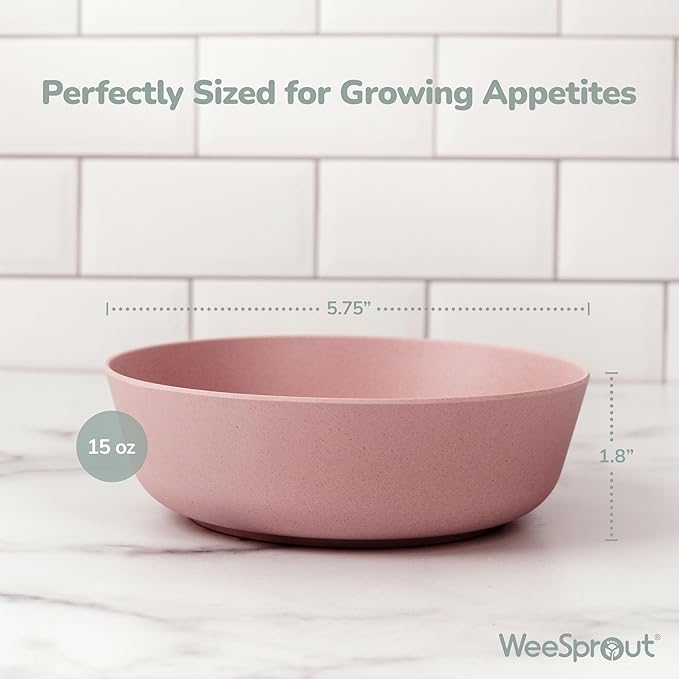 WeeSprout Bamboo Kids Bowls, Set of Four 10 oz Kid-Sized Dinnerware, Cereal, Leftovers & Snack Bowl, Dishwasher Safe (Blue, Yellow, Orange, & Red, 10 Oz)