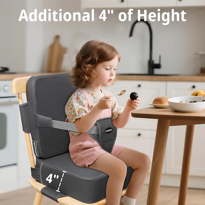 Toddler Booster Seat for Kitchen Chair with Removable Backrest & Adjustable Straps, PU Portable Waterproof & Non-Slip Booster Seat for Dining Table, Travel Child Eating Cushion - Dark Grey