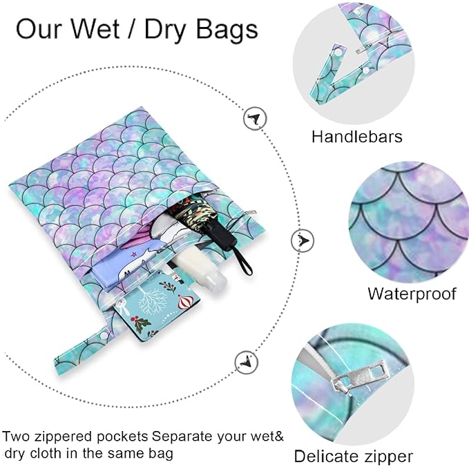 visesunny Beautiful Rainbow Mermaid Scale 2Pcs Wet Bag with Zippered Pockets Washable Reusable Roomy for Travel,Beach,Pool,Daycare,Stroller,Diapers,Dirty Gym Clothes, Wet Swimsuits, Toiletries