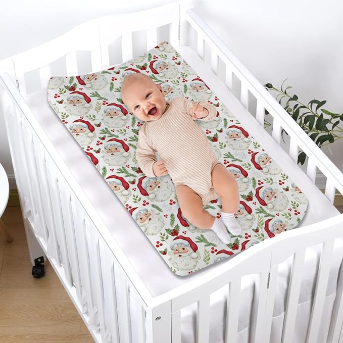 Funny Santa Claus Changing Pad Covers Christmas Cherry Fir Leaves Diaper Changing Table Sheets Cover for Baby Boys Girls Winter Soft Breathable Stretchy Baby Changing Pad Mats 32''x16''