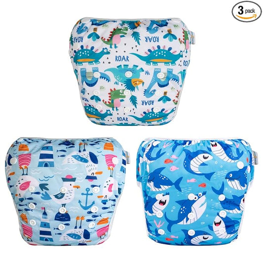 Babygoal Baby Boy Swim Diapers 3 Pack for 0-8 Months Infant, Reusable Adjustable Washable for Swimming Lessons-Dinosaur,Shark,Fish