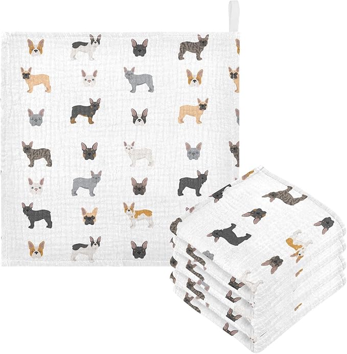 vvfelixl Baby Cotton Washcloths Different French Bulldog Infants Bath Towel for Unisex Puppy Face Towels for Newborn, Natural Baby Wipes Delicate Skin, 11.8 X 11.8 inch, one sizex5