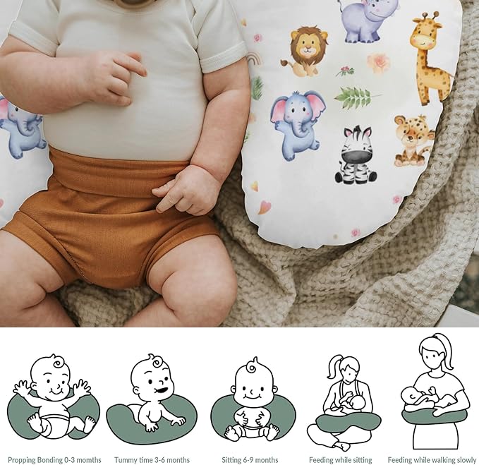 Safari Animals Tropical Leaves Flowers Baby Nursing Pillow Covers for Boy Girl Zoo Jungle Rainbow Nursery Pillowcase for Breastfeeding Pillows Lion Giraffe Elephant Hippo Soft Stretchy Slipcovers