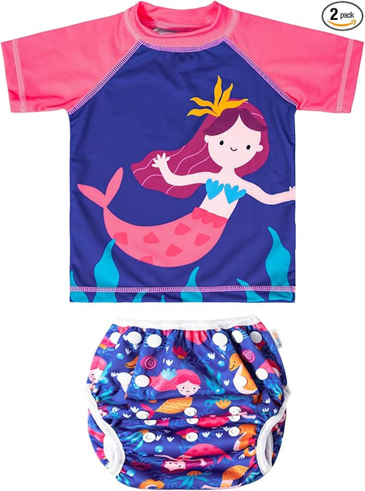 ALVABABY Baby Swimsuit,Infant Toddler Bathing Short Sleeve Swimwear,Baby Reusable Swim Diaper with Matching Top for Boy Girl
