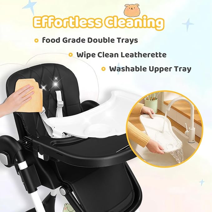 JOYMOR 4 in 1 Folding Baby High Chair for Babies to Toddlers, Infant Eating Foldable Highchair w/Leather Seat Cushion, 4-Position Removeable & Adjustable Tray, 5-Point Harness (Black)