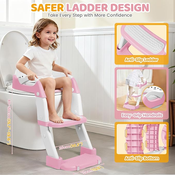 Orzbow Potty Training Seat, Toddler Toilet Seat with Step Stool Ladder, 2-in-1 Toddler Potty Training Toilet Chair for Kids Boys Girls - 5-Level Adjustable Height | Splash Guard | Anti Slip Pad, Pink