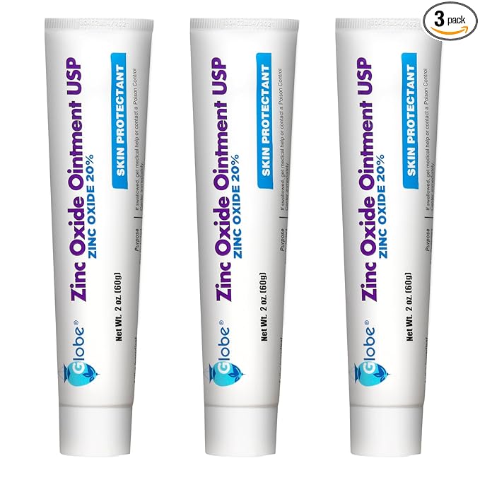 Globe (3 Pack) Zinc Oxide 20% Skin Protectant Barrier Ointment 2 oz Relieves, Treats and Prevents Minor Skin Irritations due to Diaper Rash. Helps Seal Out Wetness. Protects Chafed Skin.