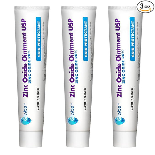 Globe (3 Pack) Zinc Oxide 20% Skin Protectant Barrier Ointment 2 oz Relieves, Treats and Prevents Minor Skin Irritations due to Diaper Rash. Helps Seal Out Wetness. Protects Chafed Skin.