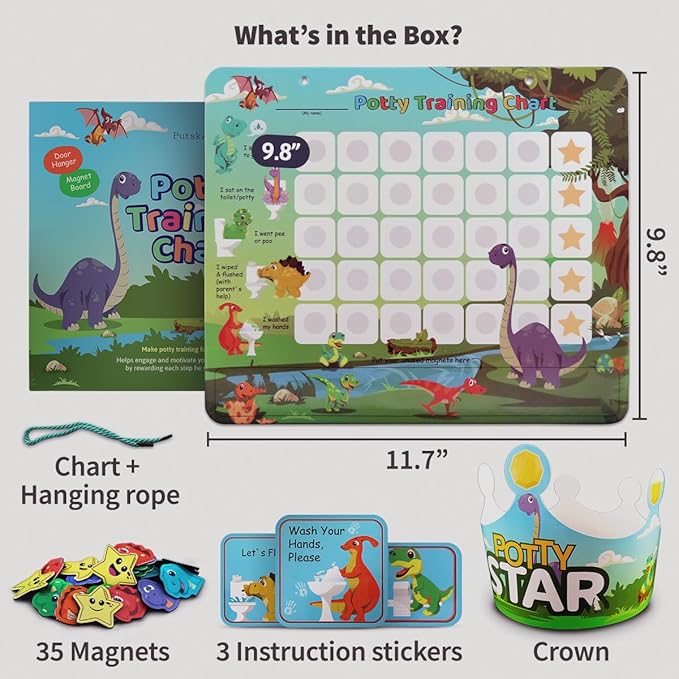 Potty Training Chart with 35 Stickers, 3 Reminder Stickers and Crown for Toddlers Boys and Girls - Potty Training Rewards for Kids - Dino