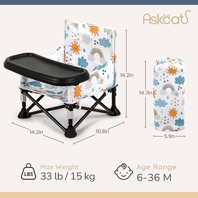 Toddler Booster Seat for Kitchen Chair & Travel - Portable Foldable with Removable Tray, Baby Camping Chair 6-36 Months Indoor Outdoor (White Cloud Design)