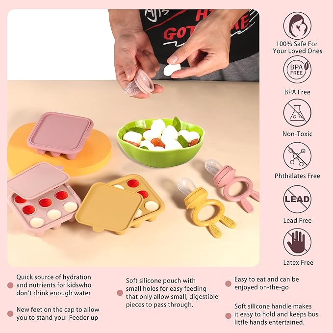 Baby Food Freezer Tray Silicone Nibble Freezer Tray,Baby Fruit Food Feeder Teether,Breastmilk Popsicle Mold,Babies Breast Milk Teether Pop Maker Maker for Homemade Infant Meals-Pink