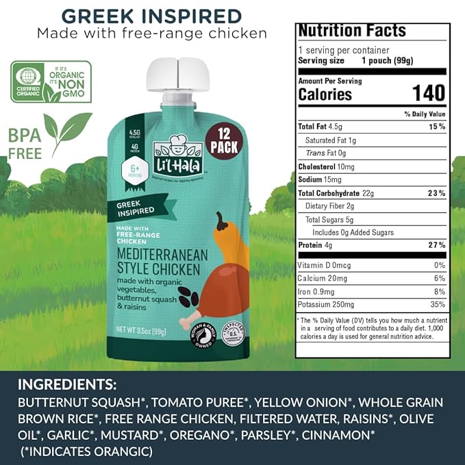 Li’l Hala Baby Food Chicken Pouch | Mediterranean (12ct) | 6+ Months Baby Food Pouches with Protein and Organic Veggies, Nutrient Packed Toddler Snacks with Iron & Fiber | Stage 2 Baby Food Meat Puree