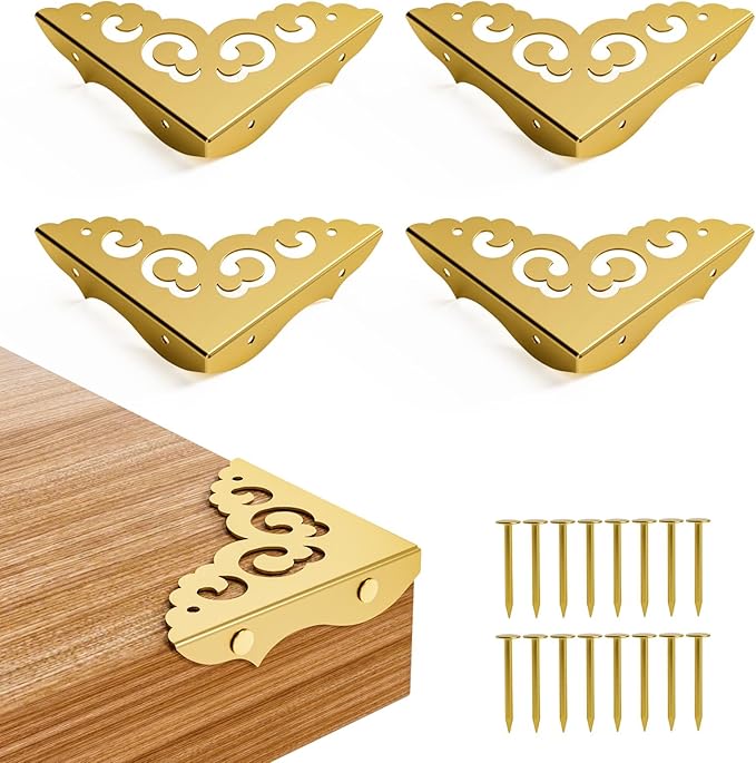 4 Pcs Brass Corner Protectors for Furniture,Retro Style Guard Cabinet Furniture Corner Bumpers for Jewelry Box Gift Box Wooden Case Cabinet Furniture Decorative (Gold)