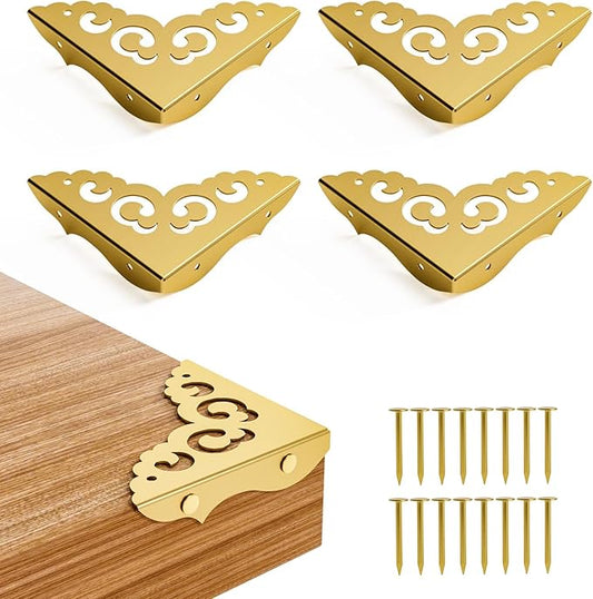 4 Pcs Brass Corner Protectors for Furniture,Retro Style Guard Cabinet Furniture Corner Bumpers for Jewelry Box Gift Box Wooden Case Cabinet Furniture Decorative (Gold)