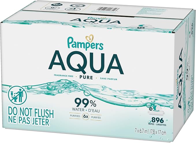 Pampers Aqua Pure Baby Wipes, 99% Water, Fragrance Free, 896 Baby Wipes Total (16X Flip-Top Packs) [Packaging May Vary]