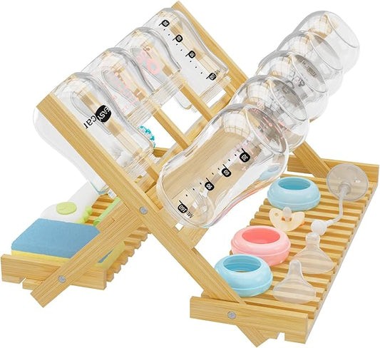 DSVENROLY Baby Bottle Drying Rack Foldable Vertical Bamboo Milk Bottle and Accessories Organizer for Busy Parents, Maximizes Space, Quick Drying, Easy Cleanup & Storage (Bamboo)