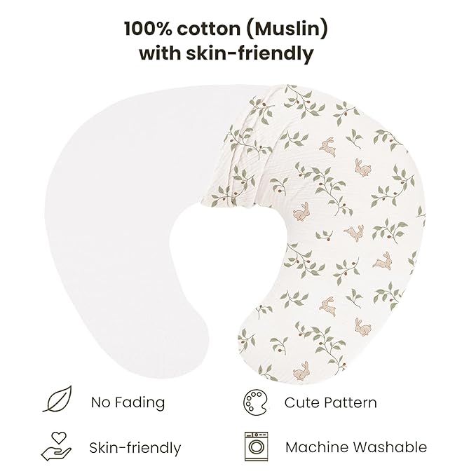 Konssy Muslin Nursing Pillow Covers, Soft and Cute Nursing Covers for Breastfeeding Pillows, Ideal for Newborn Baby Boys and Girls (Fog Green, Sprout) - 2 Pack