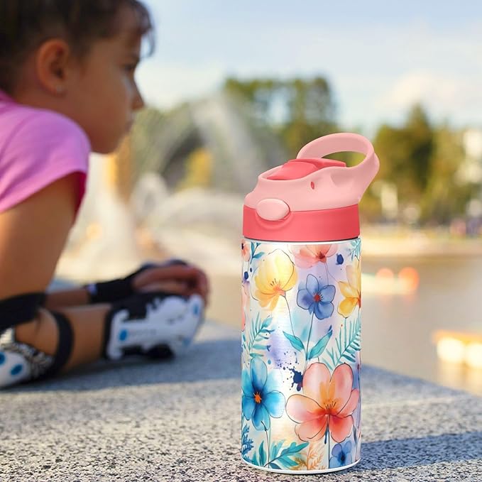 Cute Flowers Girls Water Bottle with Straw and Carry Handle Rainbow Pink Green Purple Vacuum Insulated Stainless Steel Bottles Leak-Proof for Boys Kids Toddler 12 oz Pink Lid