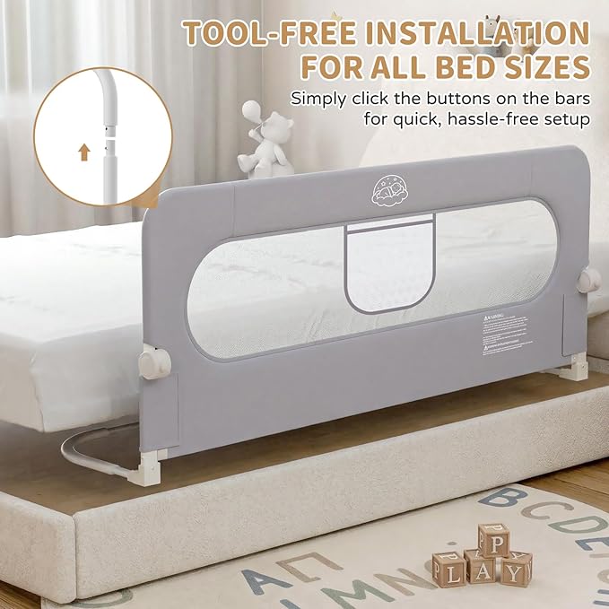 Bed Rail for Toddlers,59in Foldable Bed Rail for Baby, Baby Bed Rail Guard with Reinforced Carbon Steel Frame&Connectors for Twin Full Queen King Bed