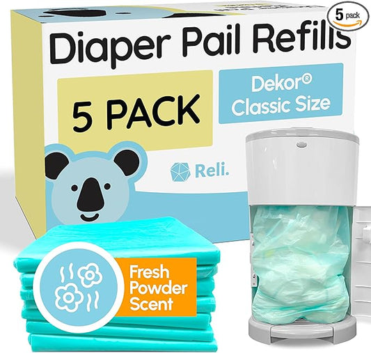 Reli. Diaper Pail Refill Bags, Compatible with Dekor Classic (5 Pack) | Diaper Dekor Refills w/Powder Fresh Scent | Odor Blocking, Strong, Easy Replacement Bags | Holds up to 2475 Diapers